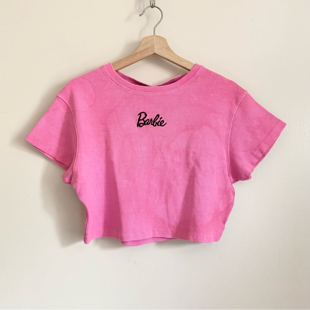 ❤️ 3/30 Barbie Pink Tie Dyed Ribbed Short Sleeves Crop Top US 12